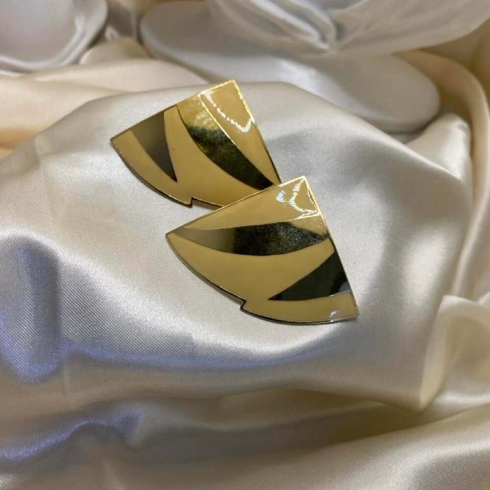 Vintage 1980s Art Deco Geometric Gold & Cream Enamel Statement Earrings